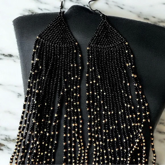 Dramatic Black and Gold Hand Beaded Cascade Earrings - Picture 11 of 16